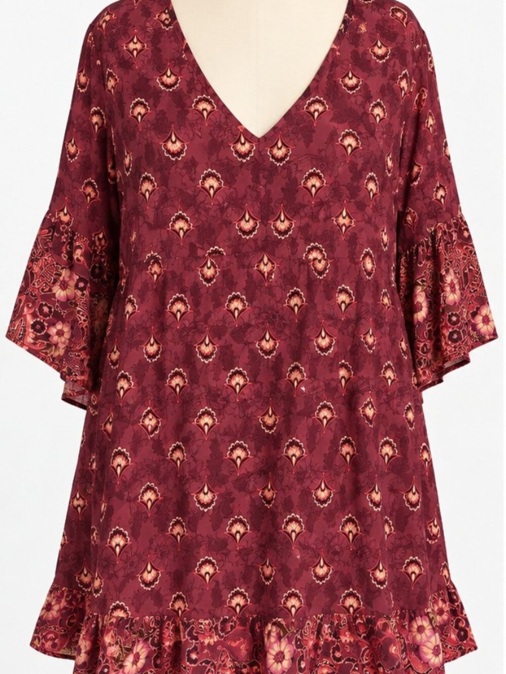 NWT Evans Plus Size 22/24 Burgundy Boho Paisley Tunic Dress Top